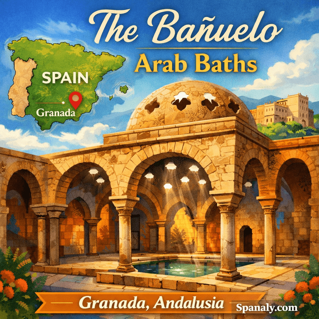 El Bañuelo Arab Baths in Granada, the best preserved Islamic hammam in Andalusia, illustrated with Spain map and Al-Andalus architectural arches