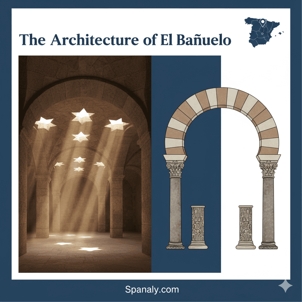 A professional infographic titled The Architecture of El Bañuelo, detailing star-shaped skylights and horseshoe arches in the 11th-century Granada baths by Spanaly.com.