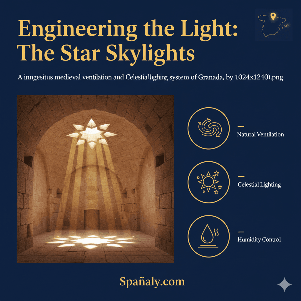 An engineering infographic showing how the star-shaped skylights of El Bañuelo provided light and ventilation in medieval Granada, by Spanaly.com.