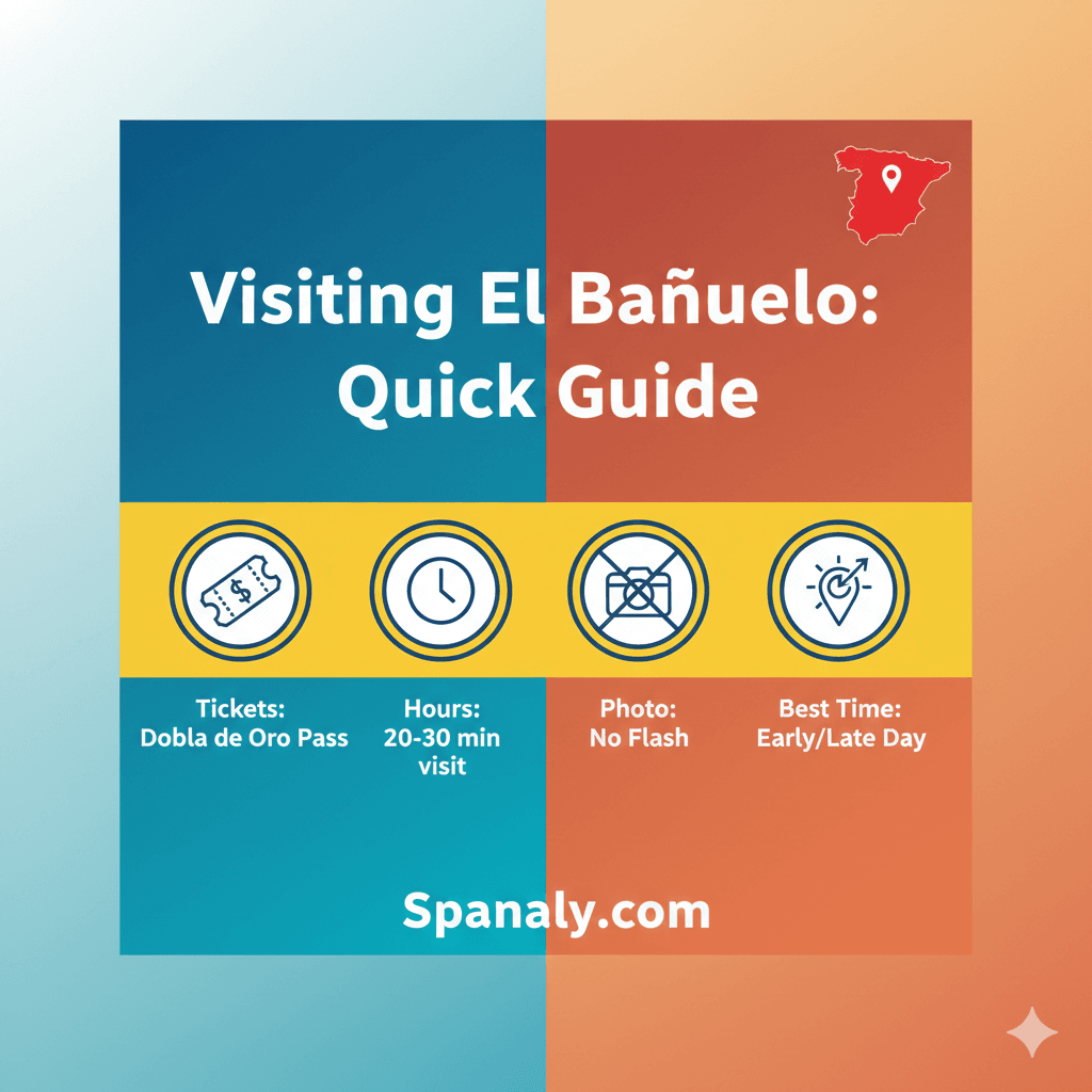 A high-contrast and vibrant infographic providing travel tips for El Bañuelo in Granada, featuring ticket and timing icons with a rich amber and blue color scheme by Spanaly.com.