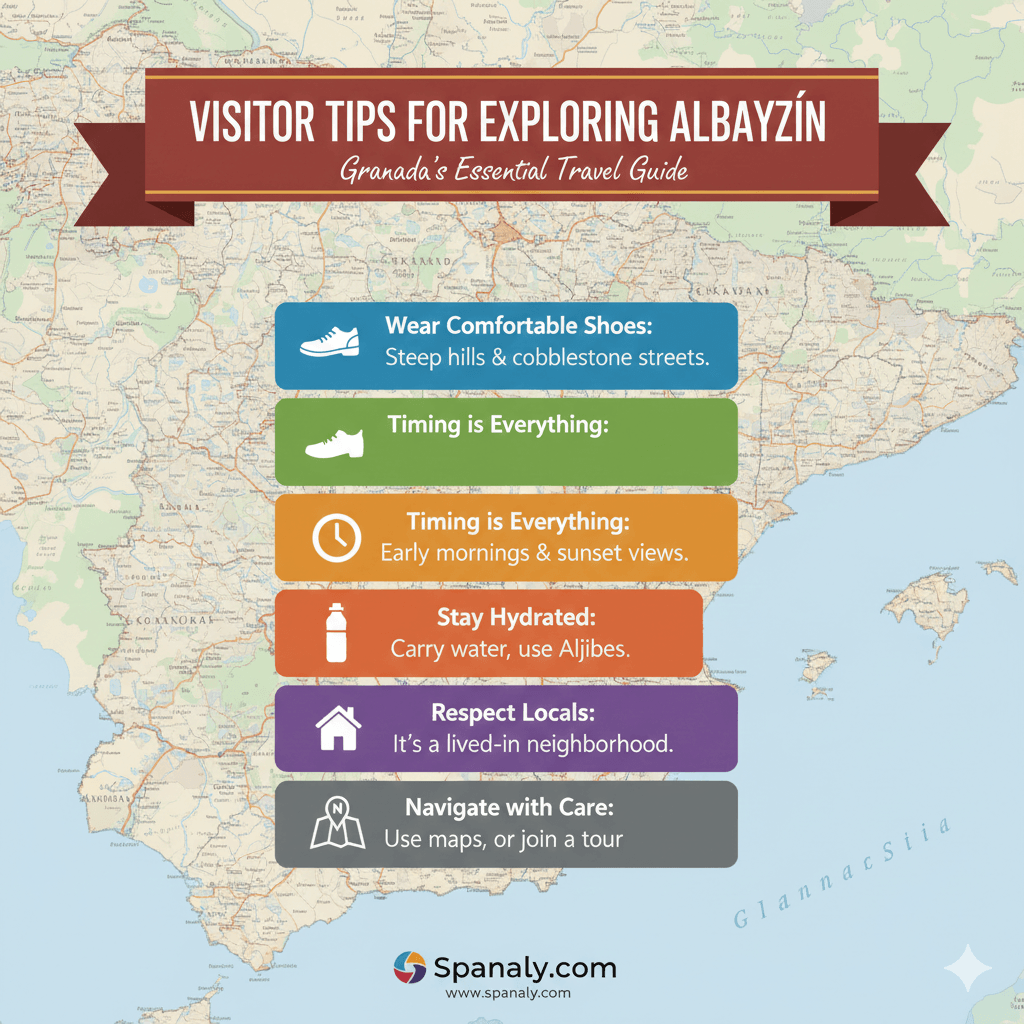 Infographic of essential visitor tips for exploring Albayzín Granada, including footwear advice, best visiting times, and etiquette guide by Spanaly.com