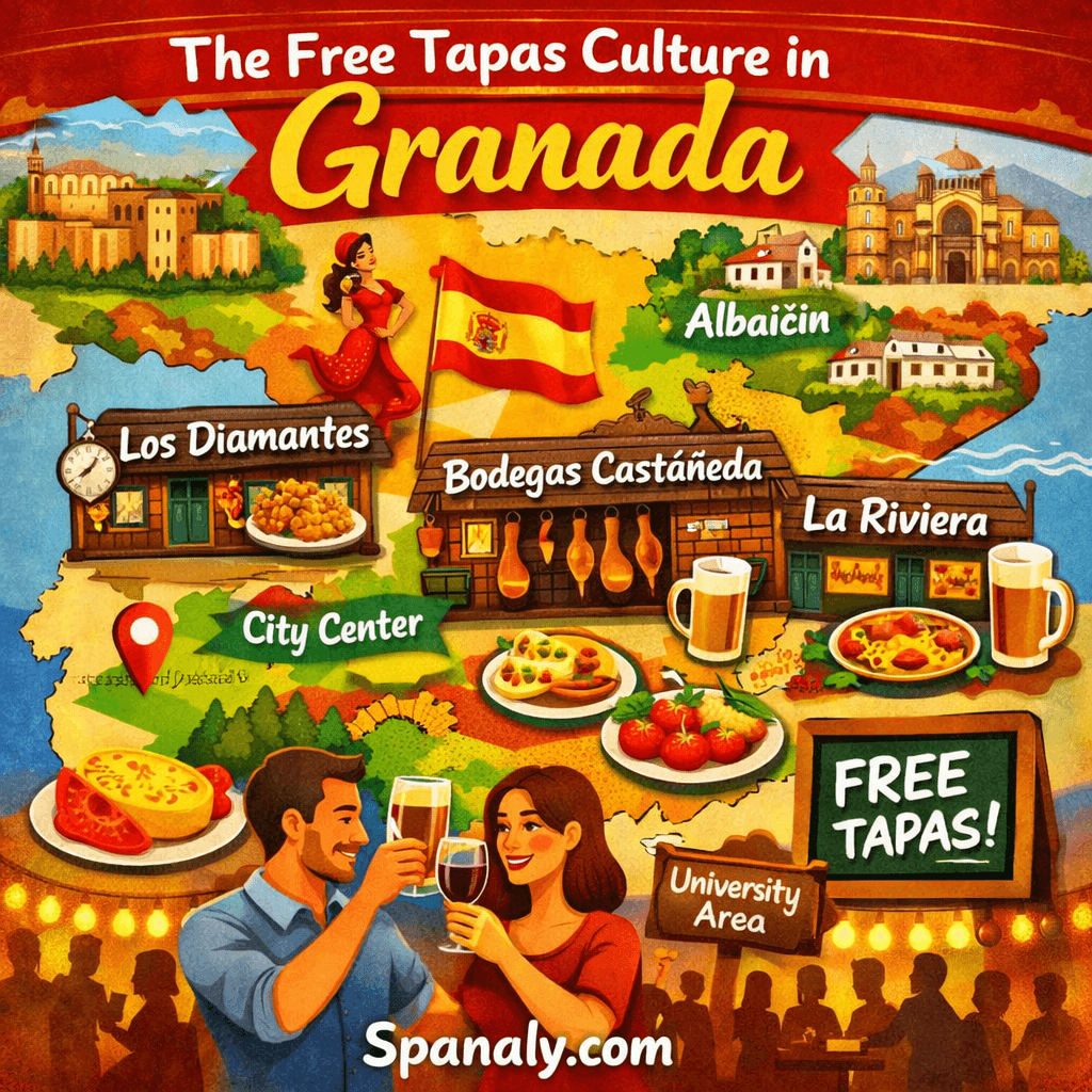Illustrated map of Spain highlighting Granada’s free tapas culture, featuring iconic local tapas bars, traditional food, and vibrant Andalusian atmosphere – Spanaly.com