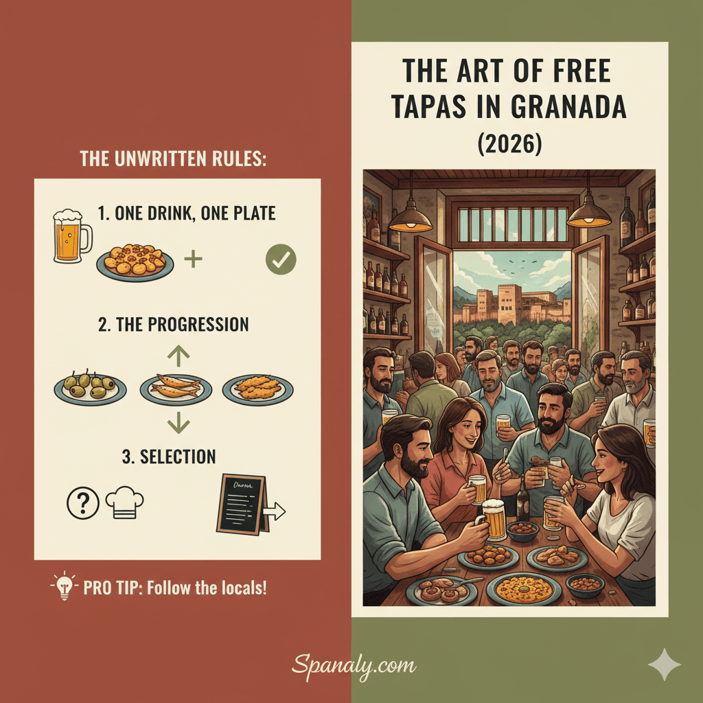 free-tapas-culture-rules-granada-2026.png Alt Text: A 2026 SEO infographic for Spanaly.com explaining the unwritten rules of free tapas in Granada, illustrating the one-drink-one-plate system and the culinary progression.