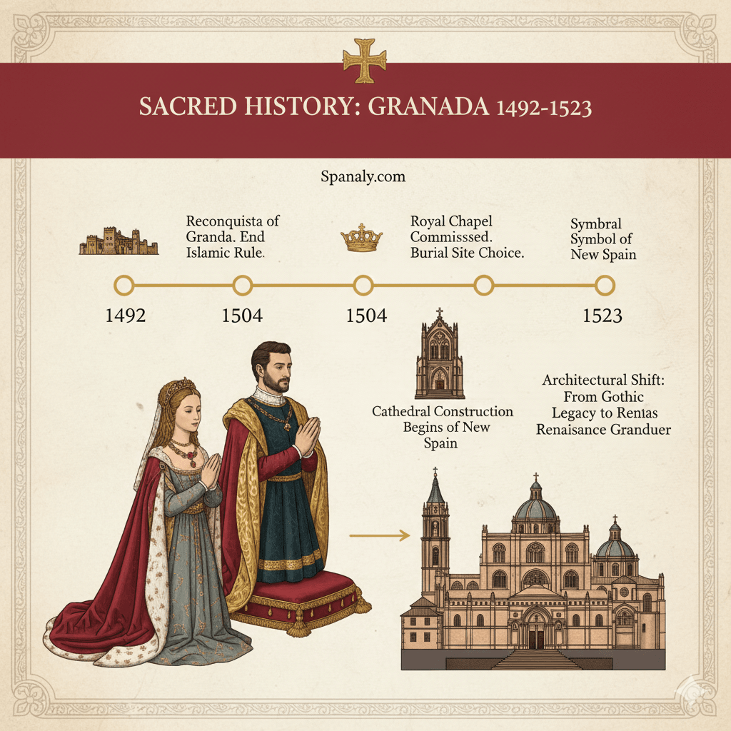 Historical timeline infographic of Granada Cathedral and Royal Chapel, from the 1492 conquest to the Renaissance construction by Spanaly.com.