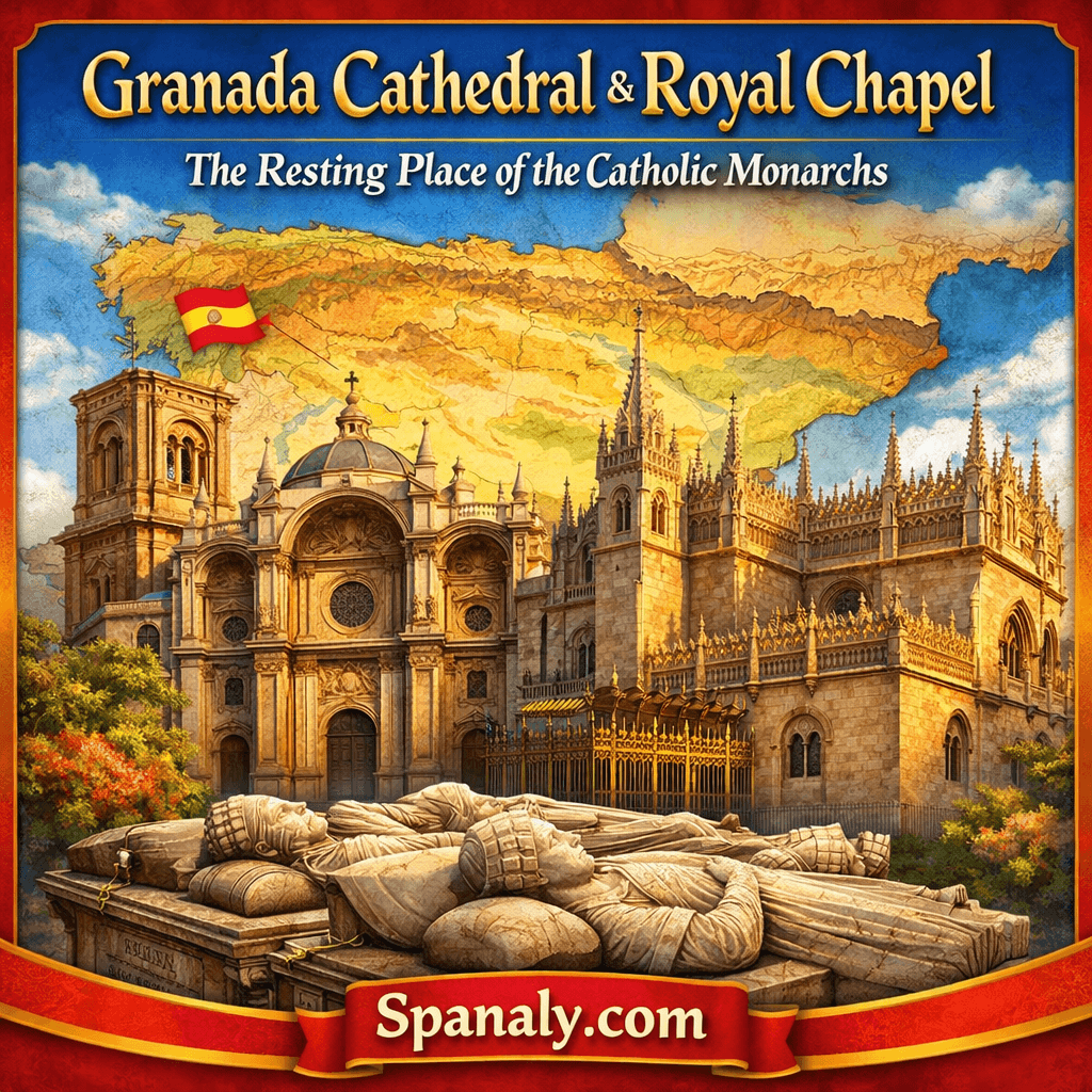 Illustrated view of Granada Cathedral and the Royal Chapel with a map of Spain in the background, showing the resting place of the Catholic Monarchs in Granada.