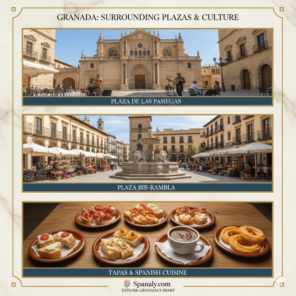 Infographic showing the main squares around Granada Cathedral, including Plaza de las Pasiegas and Bib-Rambla, highlighting tapas spots and views by Spanaly.com.