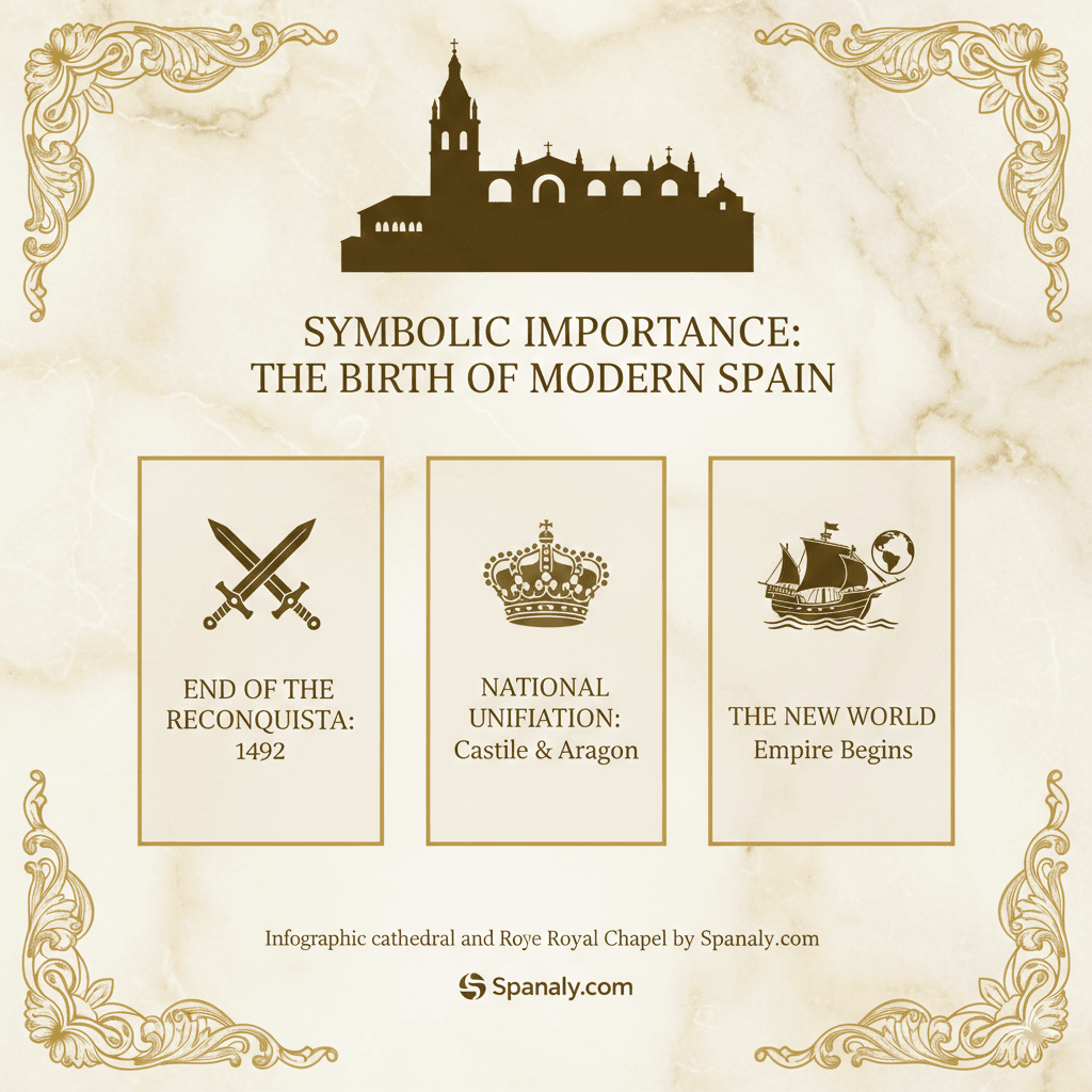 Infographic explaining the symbolic importance of Granada Cathedral and Royal Chapel as the birth of modern Spain by Spanaly.com.