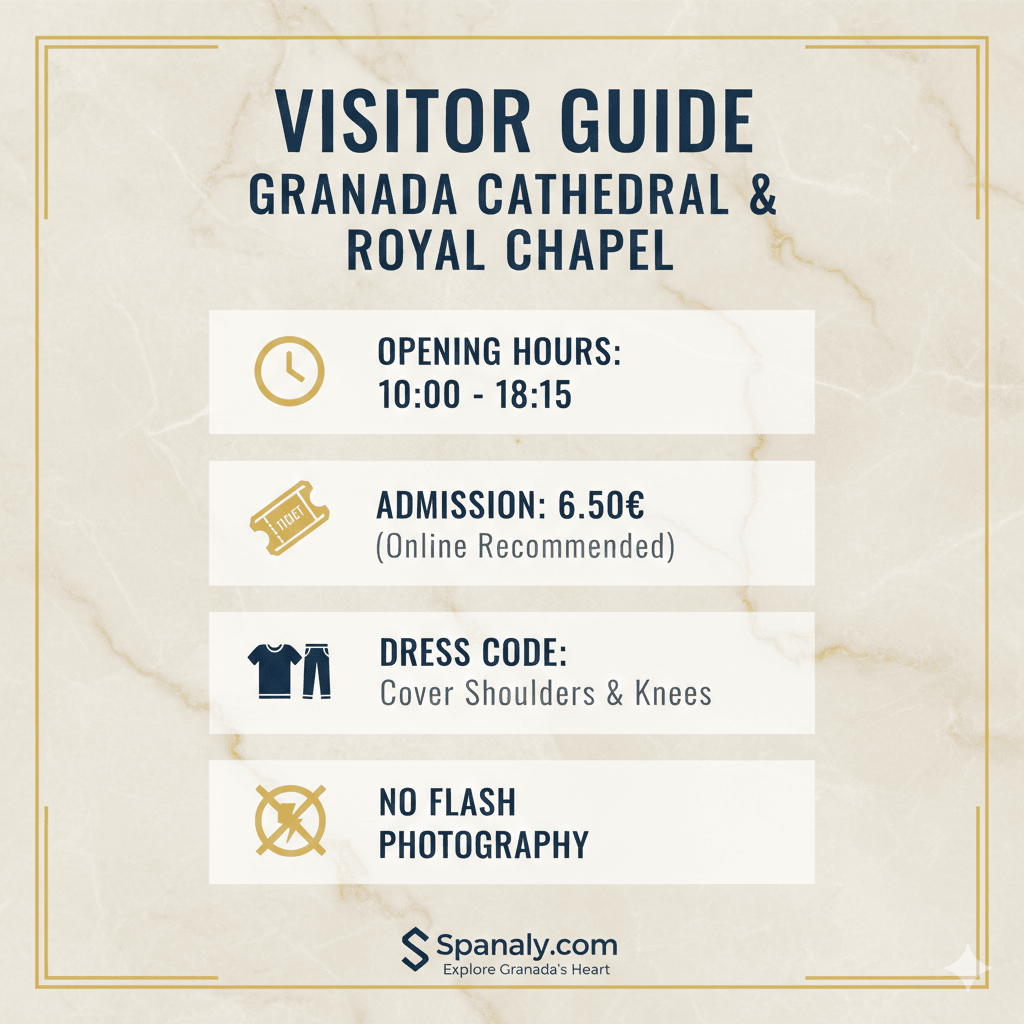 Infographic guide for visiting Granada Cathedral and Royal Chapel, including opening hours, dress code, and ticket tips by Spanaly.com.