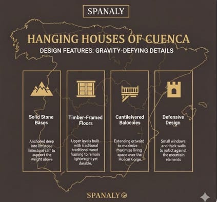 hanging-houses-cuenca-architecture-design-infographic.png النص البديل (Alt Text): Detailed architectural infographic of the Hanging Houses of Cuenca showing cantilevered balconies and stone foundations over Huécar Gorge, with a Spain map