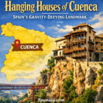 Illustrated view of the Hanging Houses of Cuenca perched over the Huécar Gorge, with a map of Spain highlighting Cuenca and the historic cliffside landmark