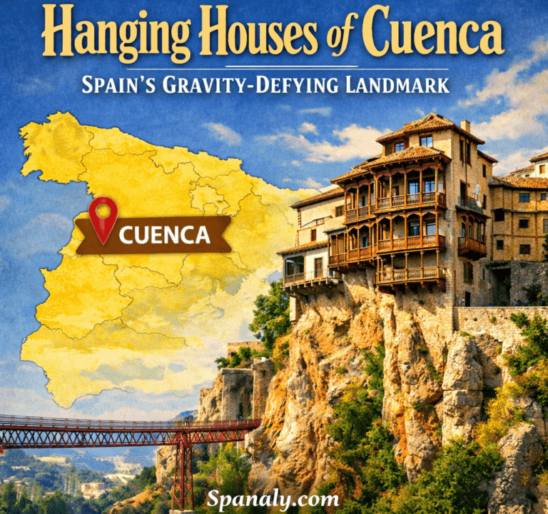 Illustrated view of the Hanging Houses of Cuenca perched over the Huécar Gorge, with a map of Spain highlighting Cuenca and the historic cliffside landmark