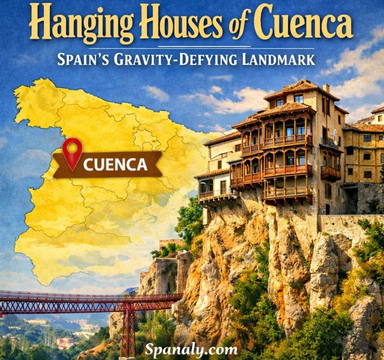 Illustrated view of the Hanging Houses of Cuenca perched over the Huécar Gorge, with a map of Spain highlighting Cuenca and the historic cliffside landmark