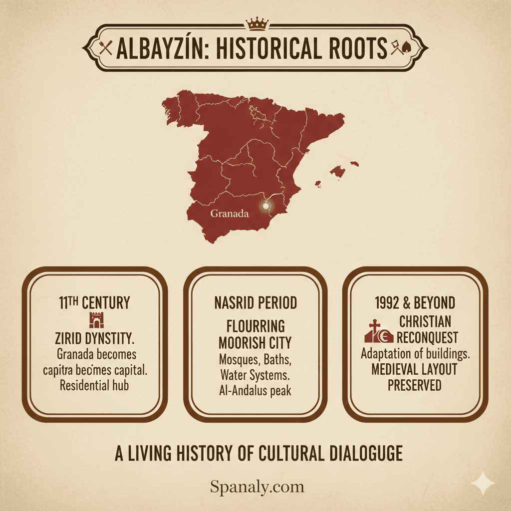 Infographic illustrating the historical evolution of Albayzín Granada from the 11th-century Zirid dynasty and Nasrid period to the Christian Reconquest by Spanaly.com.