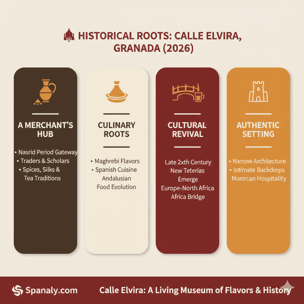 An SEO infographic explaining the historical roots of Calle Elvira in Granada, featuring its Nasrid history, merchant hub origins, and cultural revival as a tea street in 2026.