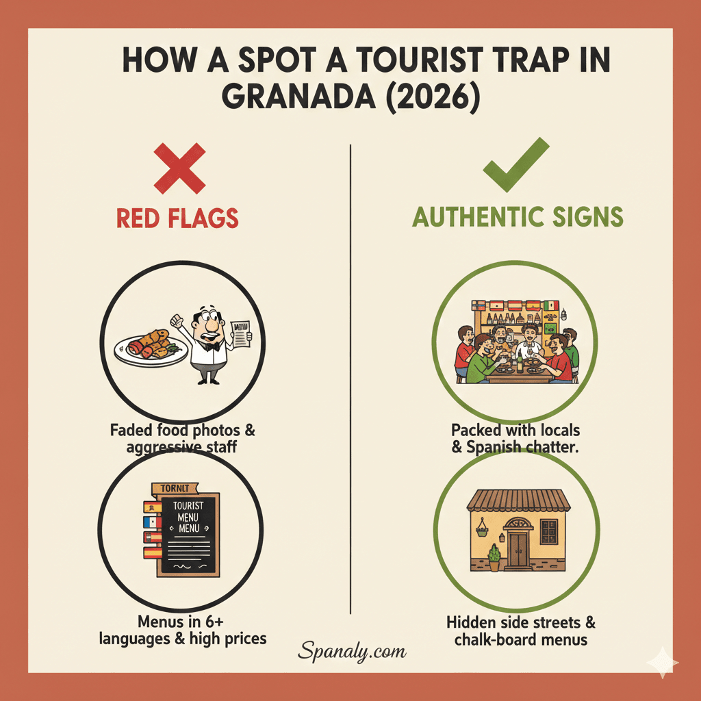 A 2026 SEO infographic by Spanaly.com comparing red flags of tourist traps versus authentic dining signs in Granada, featuring tips on menus, staff behavior, and local presence.