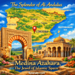 Illustrated view of Medina Azahara in Córdoba with a colorful map of Spain in the background highlighting the city, showing the grand Umayyad palace ruins of Al-Andalus