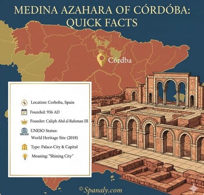 An educational infographic summarizing Medina Azahara quick facts, including its foundation in 936 AD by Abd al-Rahman III, located near Cordoba, Spain, featuring a location marker on a Spain map and Spanaly.com branding.