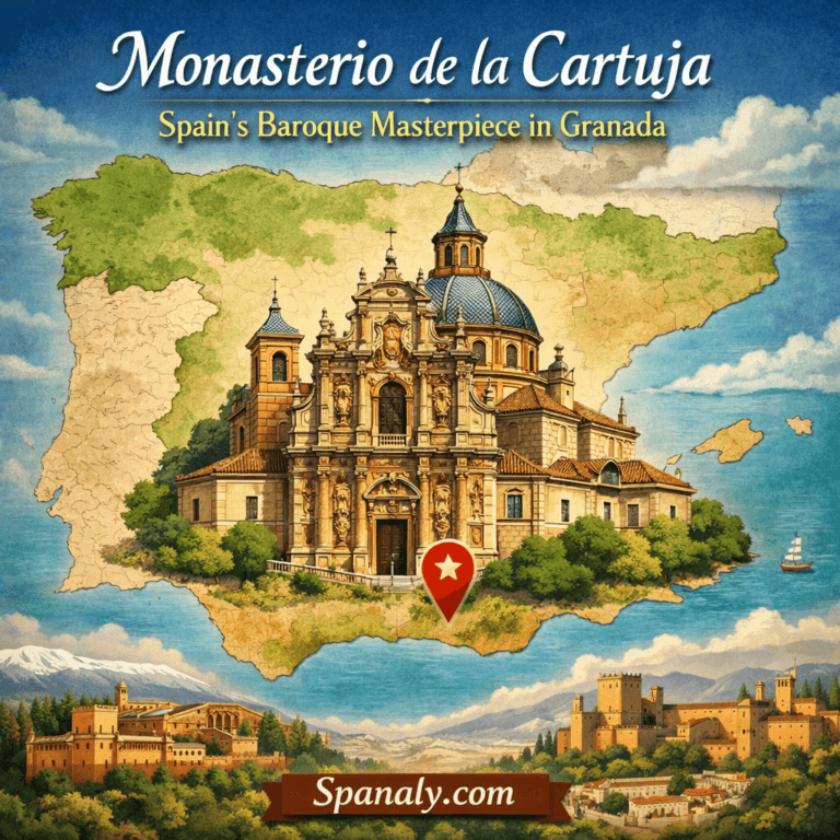Illustrated map of Spain highlighting Monasterio de la Cartuja in Granada, featuring the Baroque monastery drawn prominently at the center with vibrant colors and cultural details