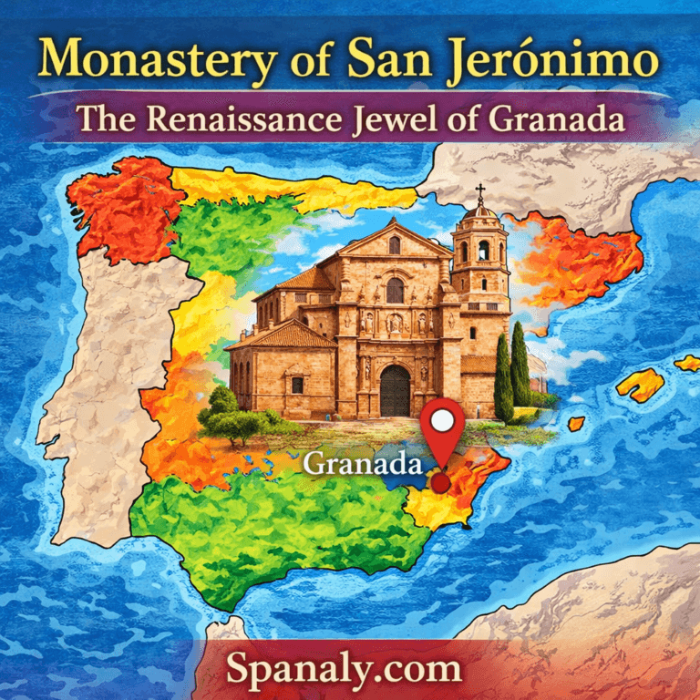 Illustrated map of Spain highlighting Granada with the Monastery of San Jerónimo prominently drawn, showcasing the Renaissance jewel of Granada, vivid colors, and Spanaly.com branding