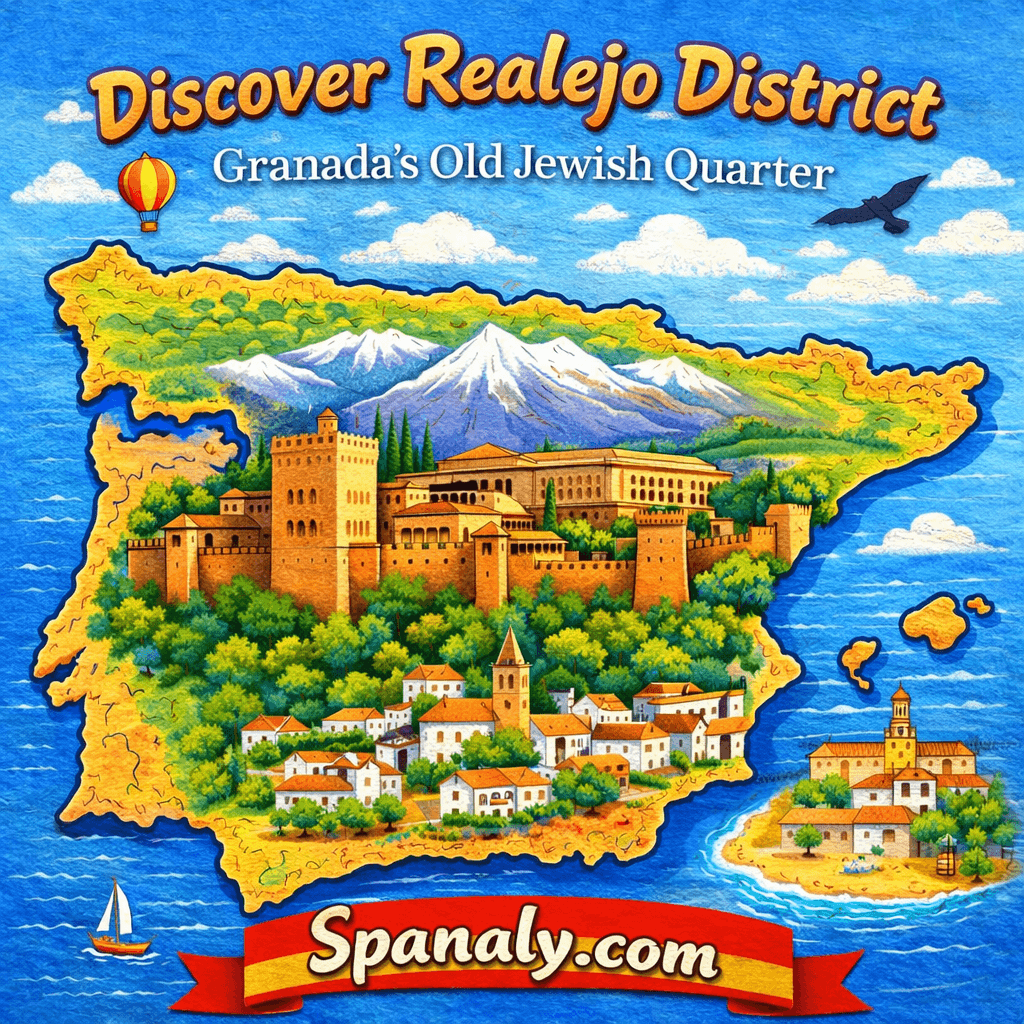 Illustrated map of Spain highlighting the Realejo District in Granada, the historic Jewish Quarter, with colorful streets, landmarks, and the Alhambra, created for Spanaly.com