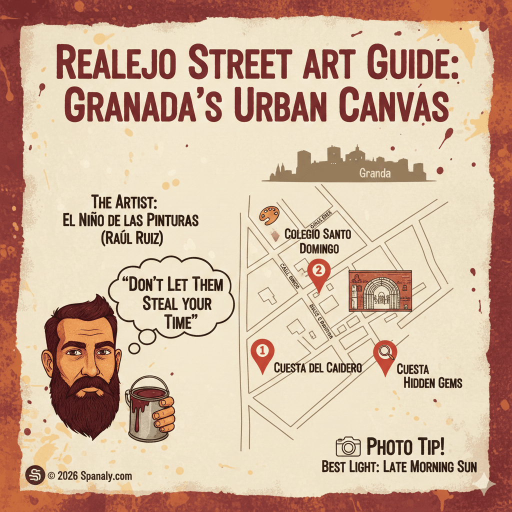 Infographic guide to Realejo street art in Granada featuring murals by El Niño de las Pinturas, including location map and visiting tips.