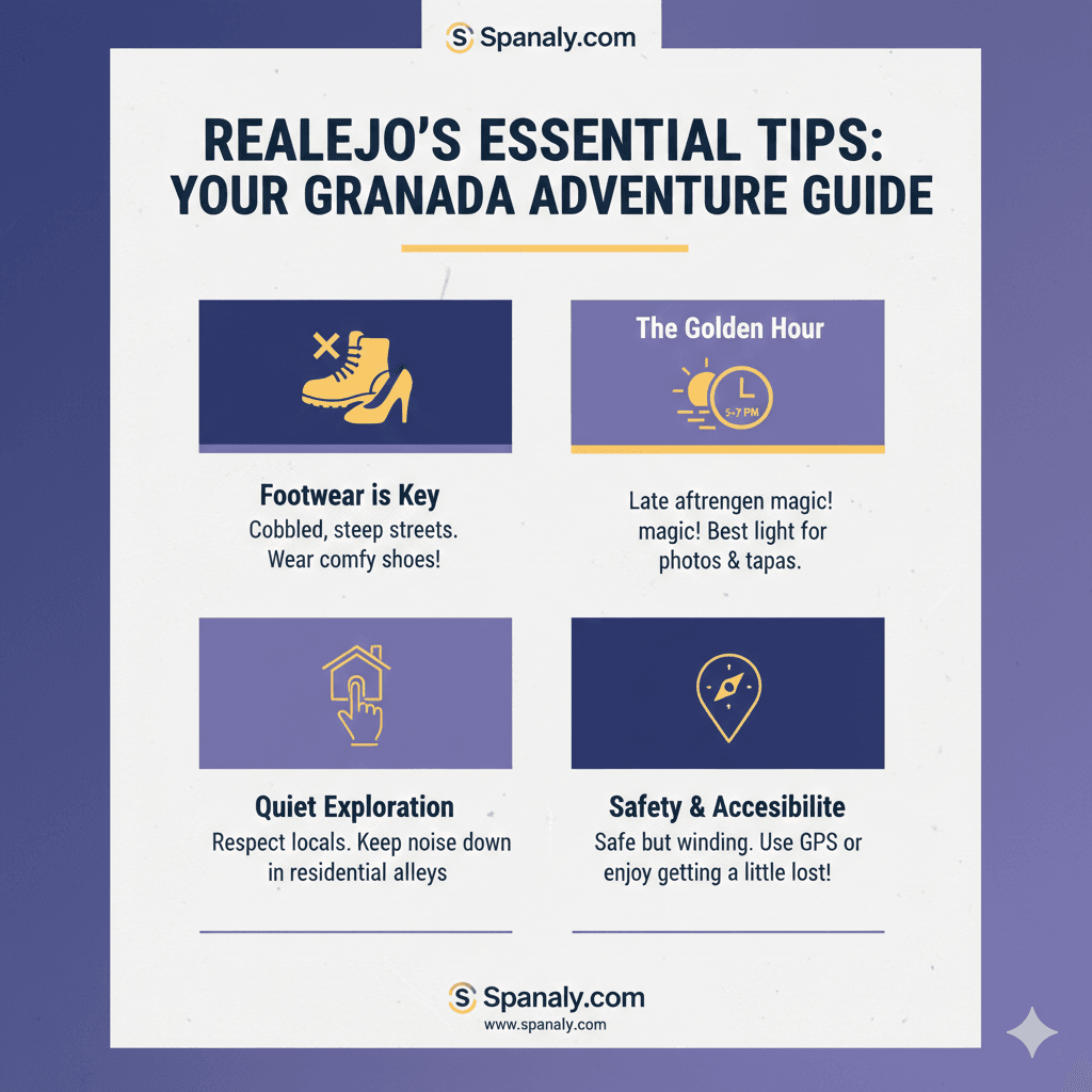 Practical infographic for visiting Realejo Granada: Tips on comfortable footwear, best sunset viewing times, and respecting local neighborhood silence.