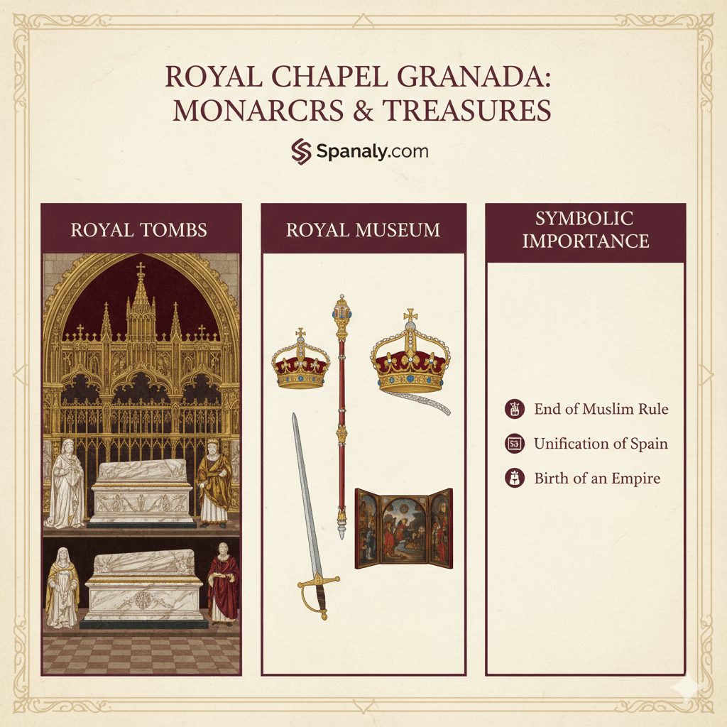 Infographic of the Royal Chapel in Granada, showing the burial site of the Catholic Monarchs and the royal museum treasures by Spanaly.com.