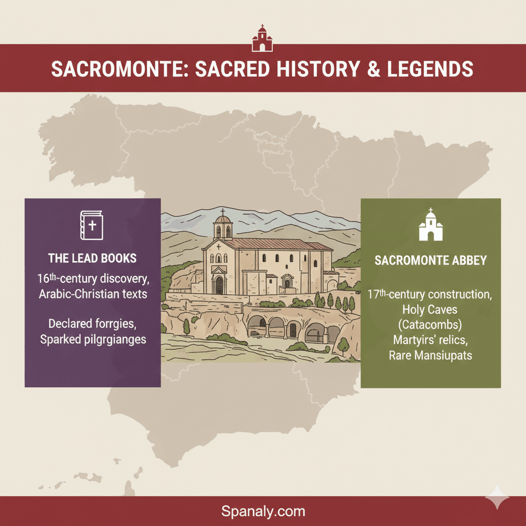 Infographic detailing the sacred history of Sacromonte Abbey in Granada, including the Lead Books legend and the catacombs by Spanaly.com.