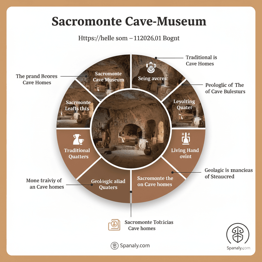 Infographic of the Sacromonte Cave Museum layout, showing traditional crafts, living quarters, and the geology of cave homes by Spanaly.com.