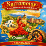 Illustrated map of Spain with Sacromonte in Granada highlighted, featuring cave houses, flamenco dancers, and sacred landmarks in vivid colors