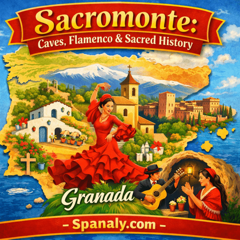 Illustrated map of Spain with Sacromonte in Granada highlighted, featuring cave houses, flamenco dancers, and sacred landmarks in vivid colors