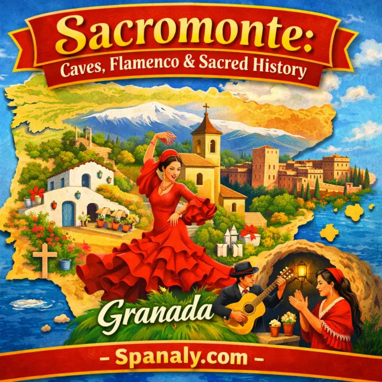 Illustrated map of Spain with Sacromonte in Granada highlighted, featuring cave houses, flamenco dancers, and sacred landmarks in vivid colors
