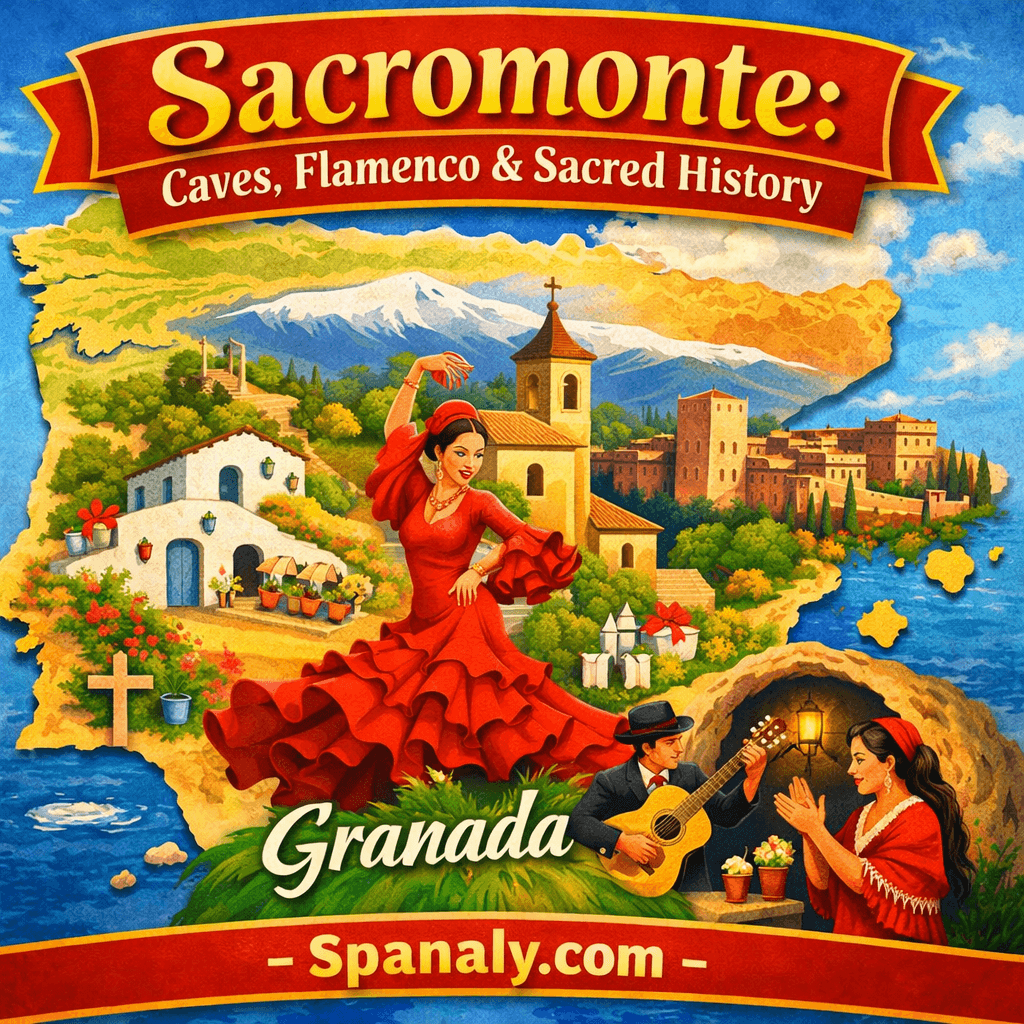 Illustrated map of Spain with Sacromonte in Granada highlighted, featuring cave houses, flamenco dancers, and sacred landmarks in vivid colors
