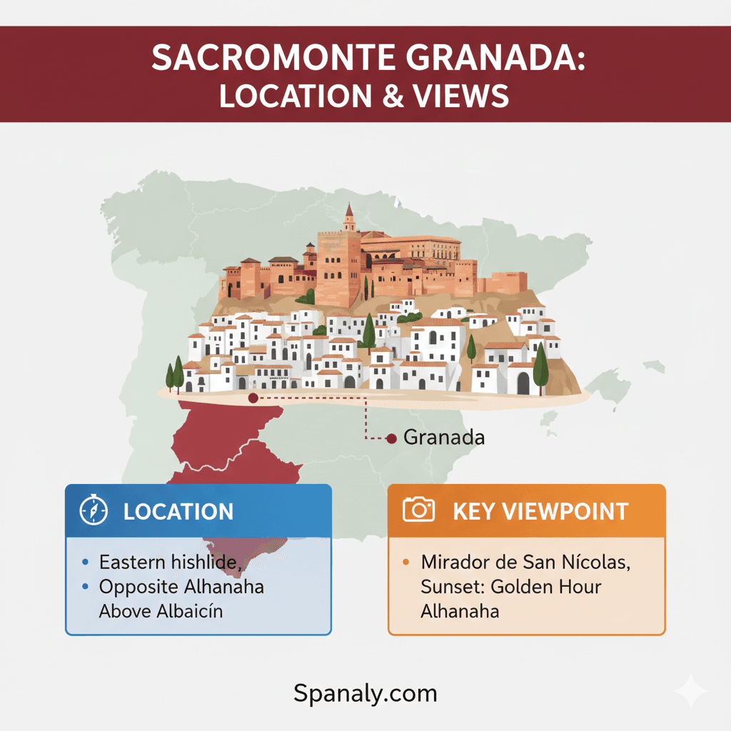 Infographic showing the location of Sacromonte district in Granada, highlighting its position opposite the Alhambra and its famous sunset viewpoints by Spanaly.com.