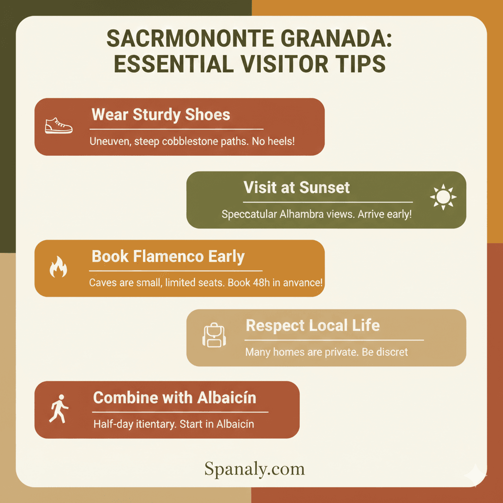 Infographic of essential visitor tips for exploring Sacromonte Granada, including footwear advice and sunset viewing spots by Spanaly.com.