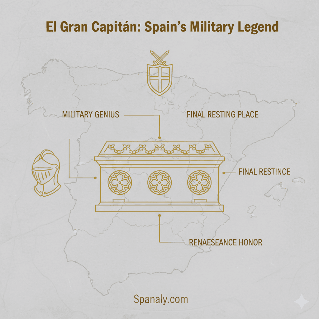 A high-quality historical infographic about the tomb of Gonzalo Fernández de Córdoba (El Gran Capitán) in the Monastery of San Jerónimo, Granada, by Spanaly.com