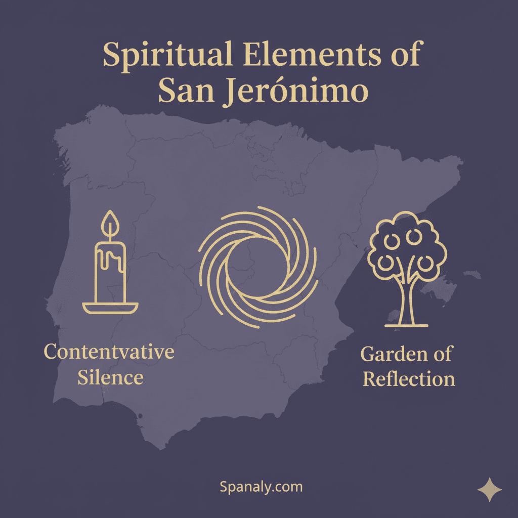 A serene educational infographic about the spiritual life at San Jerónimo Monastery, featuring icons for meditative silence and the garden of reflection by Spanaly.com.