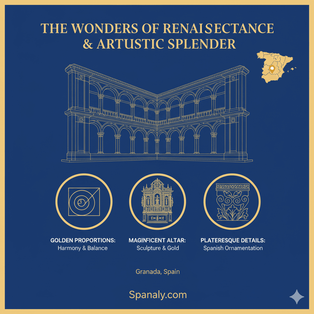 A high-quality educational infographic showcasing the Renaissance architecture of San Jerónimo in Granada, featuring golden proportions, the magnificent altar, and Plateresque details by Spanaly.com.