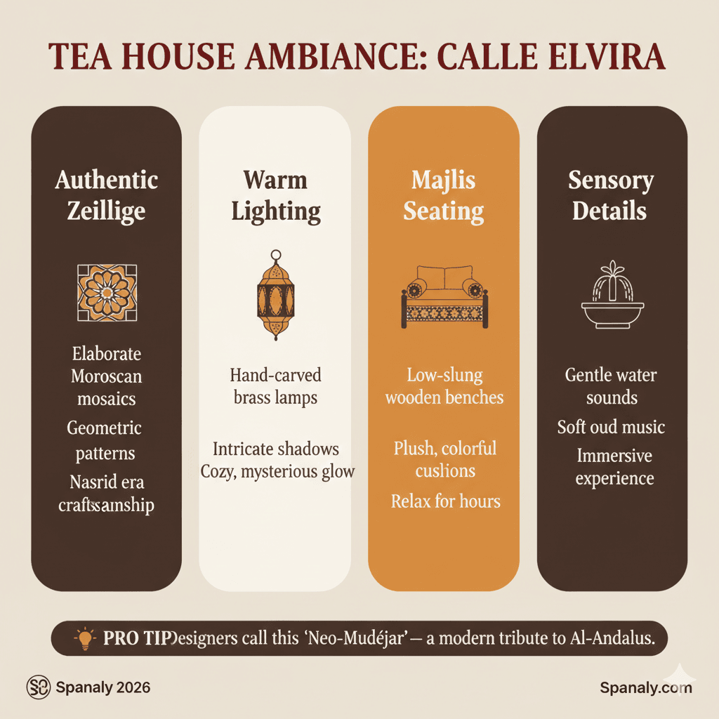 An SEO infographic showing the interior ambiance of Granada tea houses on Calle Elvira, featuring Moroccan Zellige, brass lamps, Majlis seating, and oriental decor in 2026.
