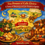 Illustrated map of Spain highlighting Granada and Calle Elvira, featuring traditional tea houses, Moroccan mint tea, oriental lanterns, and vibrant Andalusian colors – Tea Houses of Calle Elvira by Spanaly.com