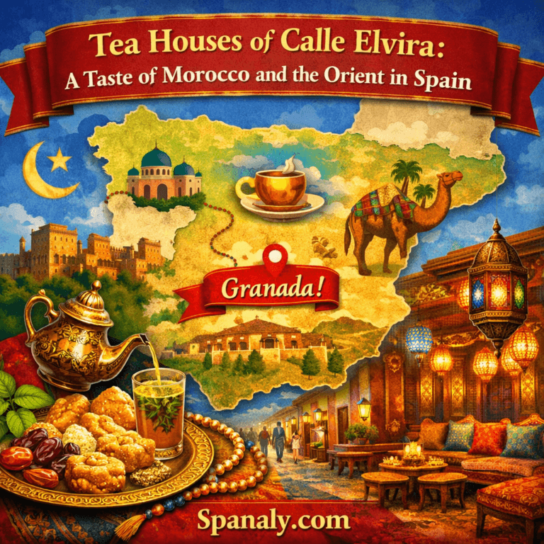 Illustrated map of Spain highlighting Granada and Calle Elvira, featuring traditional tea houses, Moroccan mint tea, oriental lanterns, and vibrant Andalusian colors – Tea Houses of Calle Elvira by Spanaly.com