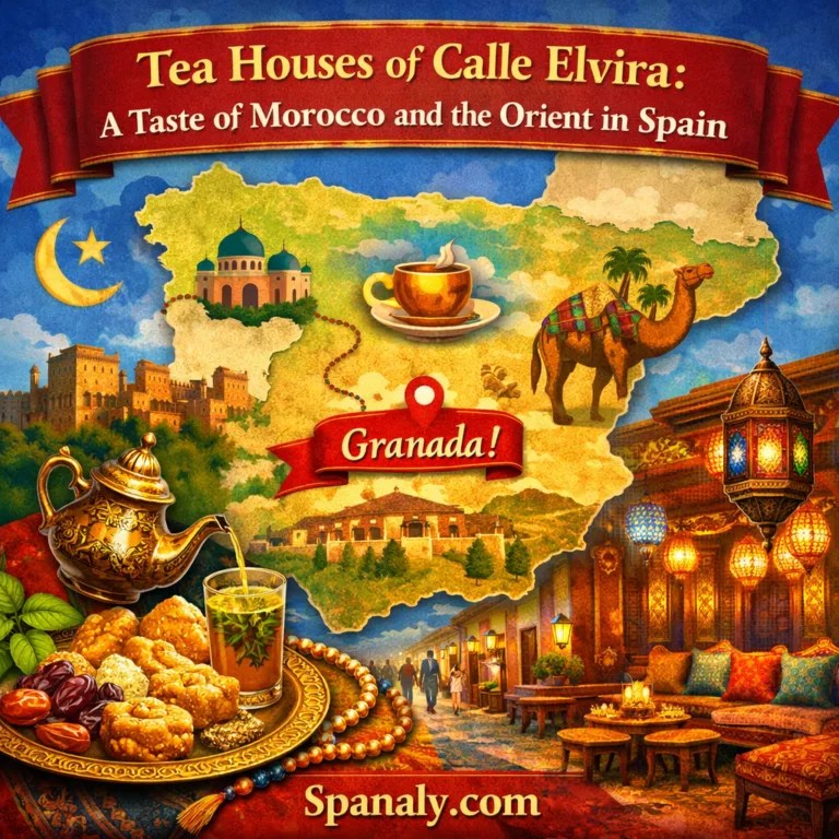 Illustrated map of Spain highlighting Granada and Calle Elvira, featuring traditional tea houses, Moroccan mint tea, oriental lanterns, and vibrant Andalusian colors – Tea Houses of Calle Elvira by Spanaly.com