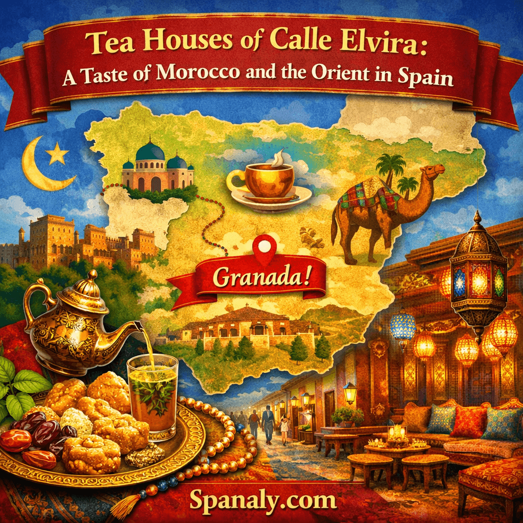 Illustrated map of Spain highlighting Granada and Calle Elvira, featuring traditional tea houses, Moroccan mint tea, oriental lanterns, and vibrant Andalusian colors – Tea Houses of Calle Elvira by Spanaly.com