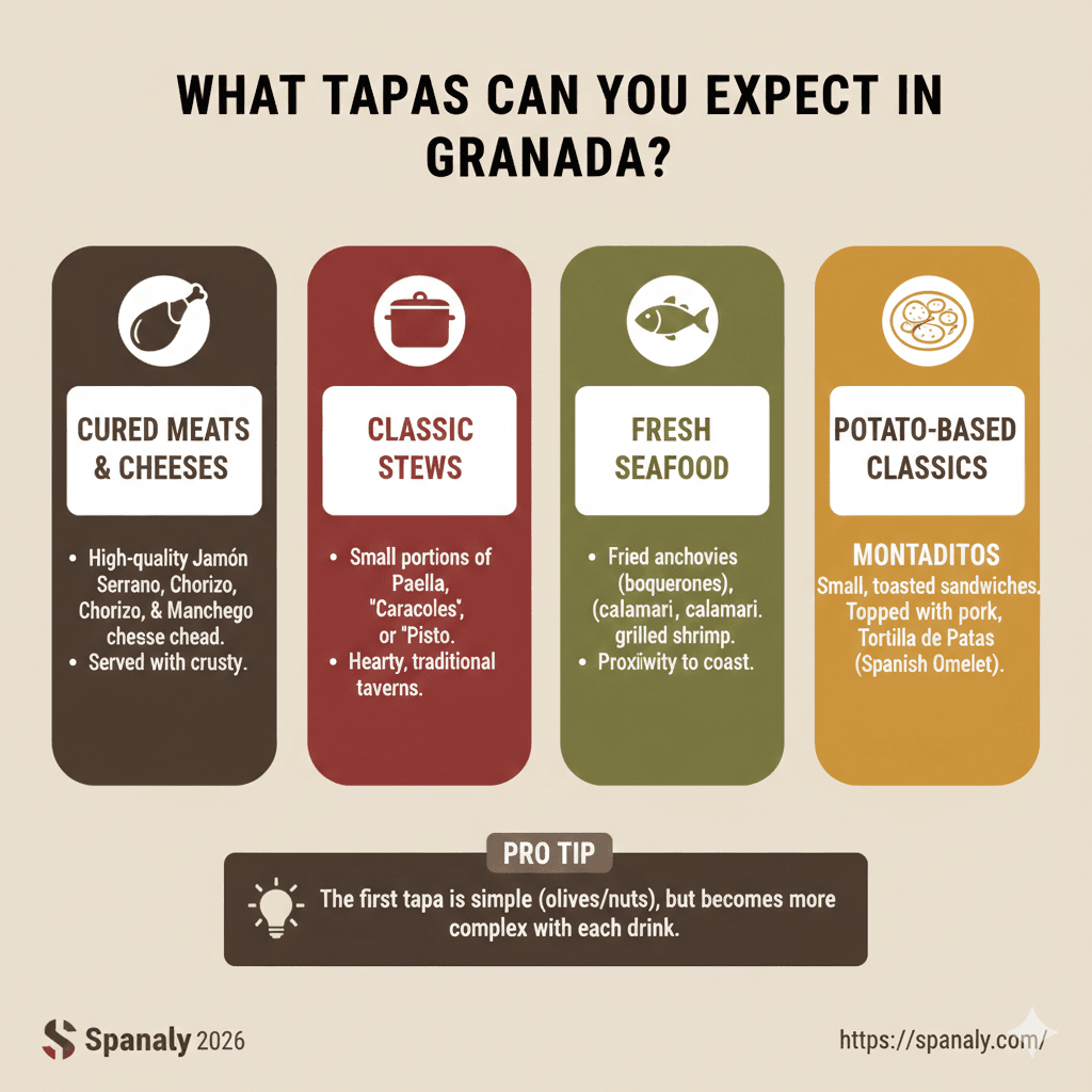 An SEO infographic showing the variety of free tapas in Granada for 2026, including cured meats, classic stews, fresh seafood, and potato-based dishes.