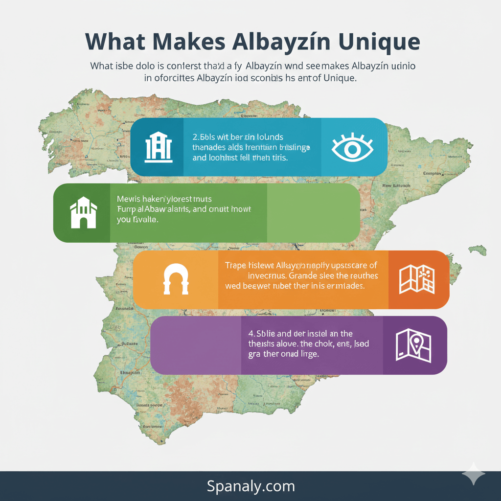 Infographic detailing why Albayzín is unique, featuring Moorish urban design, Carmen houses, and panoramic Alhambra views by Spanaly.com.