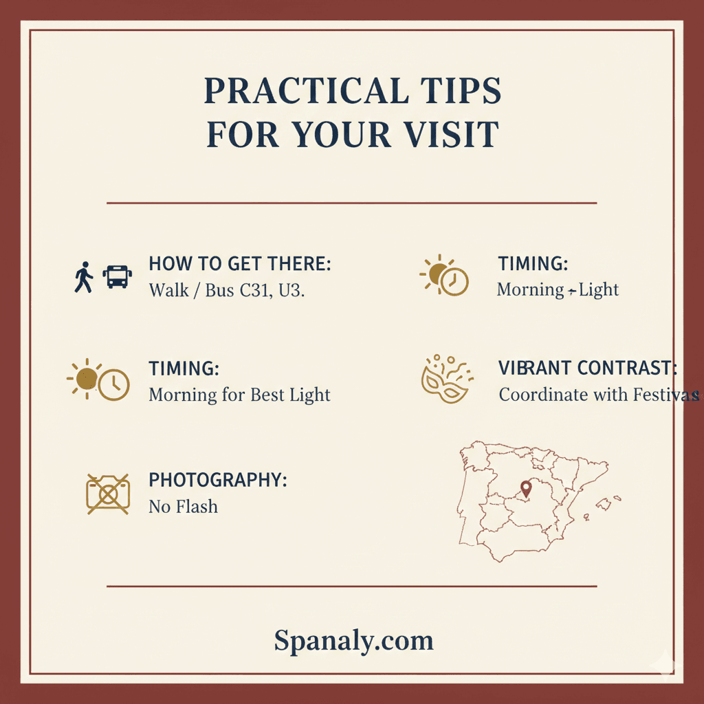 A professional infographic titled Practical Tips for Your Visit to Monasterio de la Cartuja, featuring travel advice and Spanaly.com branding.