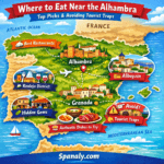 Illustrated map of Spain highlighting Granada and the Alhambra, showing the best places to eat nearby, local districts like Albayzín and Realejo, tips to avoid tourist traps, with vibrant colors and Spanaly.com branding