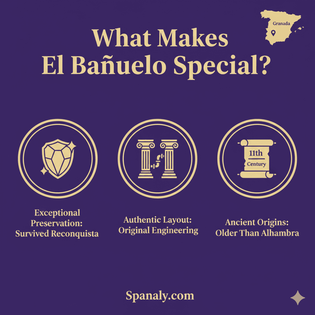 A professional and vibrant infographic highlighting the unique features of El Bañuelo, such as its preservation and 11th-century origins, by Spanaly.com.