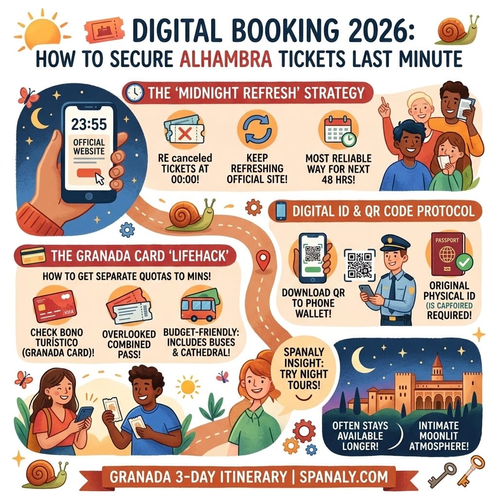 A colorful 1024x1024 infographic for 2026 showing how to get Alhambra tickets last minute, including the midnight refresh strategy, Granada Card lifehack, and QR code entry protocol.