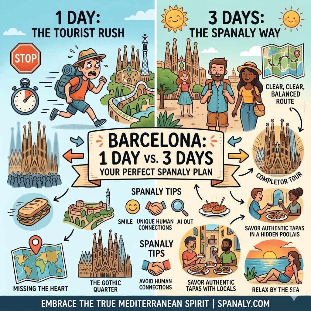 An educational infographic comparing a stressful 1-day rush versus a balanced 3-day Spanaly itinerary in Barcelona 2026, featuring icons for Gaudí landmarks, local tapas, and sunset views.